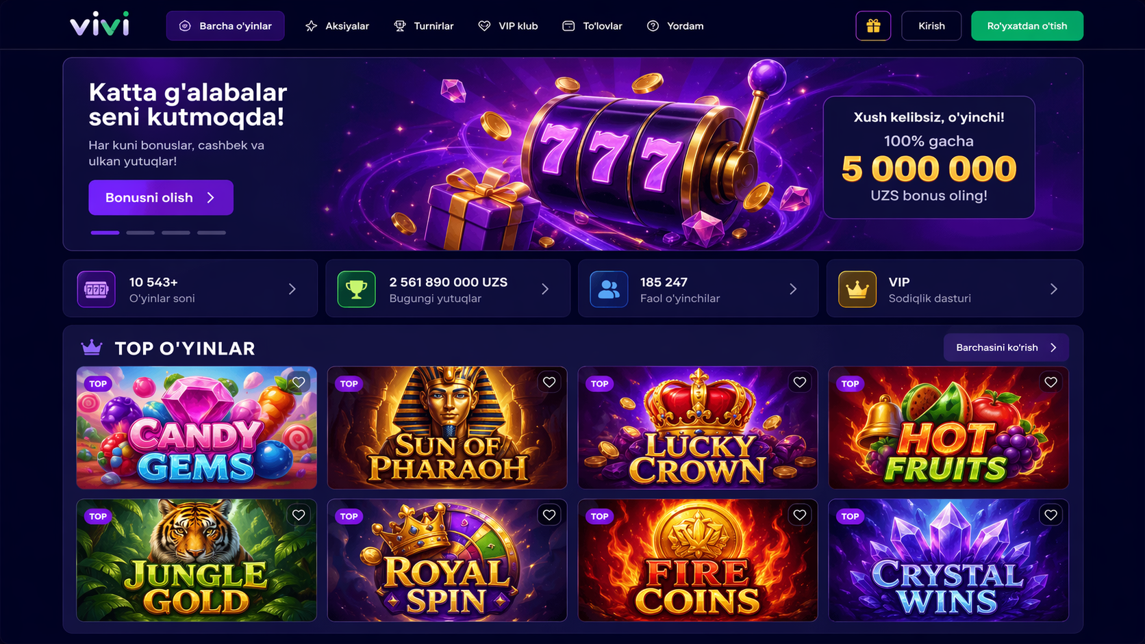 Vivi Bet UZ, free sport bet, slotlar va onlayn kazino o‘yinlari